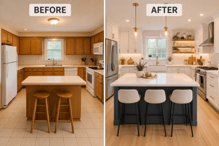 Home renovation before and after of a kitchen