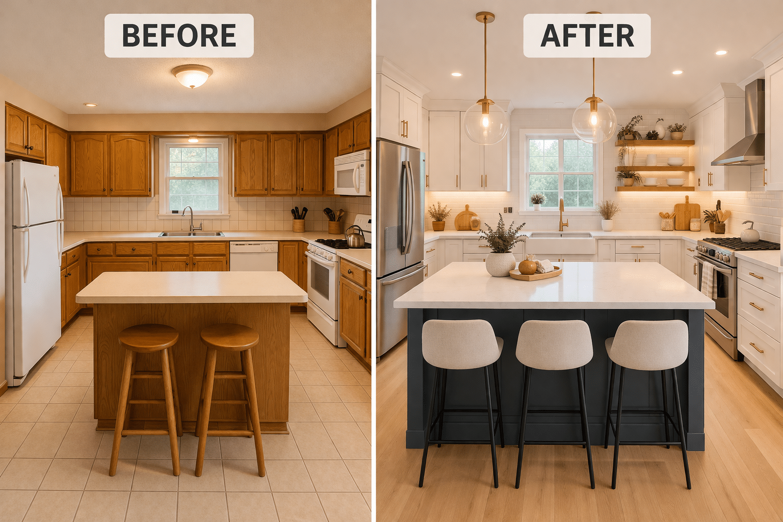 Home renovation before and after of a kitchen