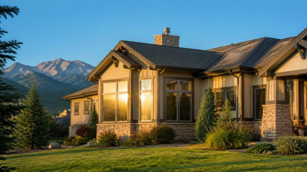 A modern suburban home in Northern Colorado on a bright summer afternoon, Rocky Mountains visible in the background under a clear blue sky.