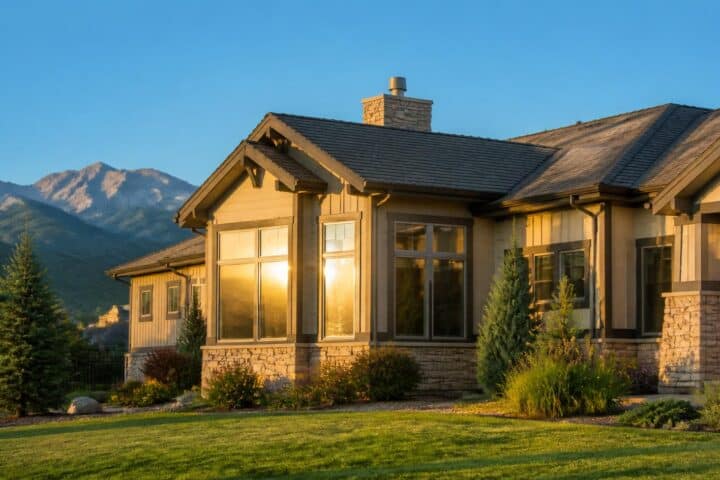 A modern suburban home in Northern Colorado on a bright summer afternoon, Rocky Mountains visible in the background under a clear blue sky.