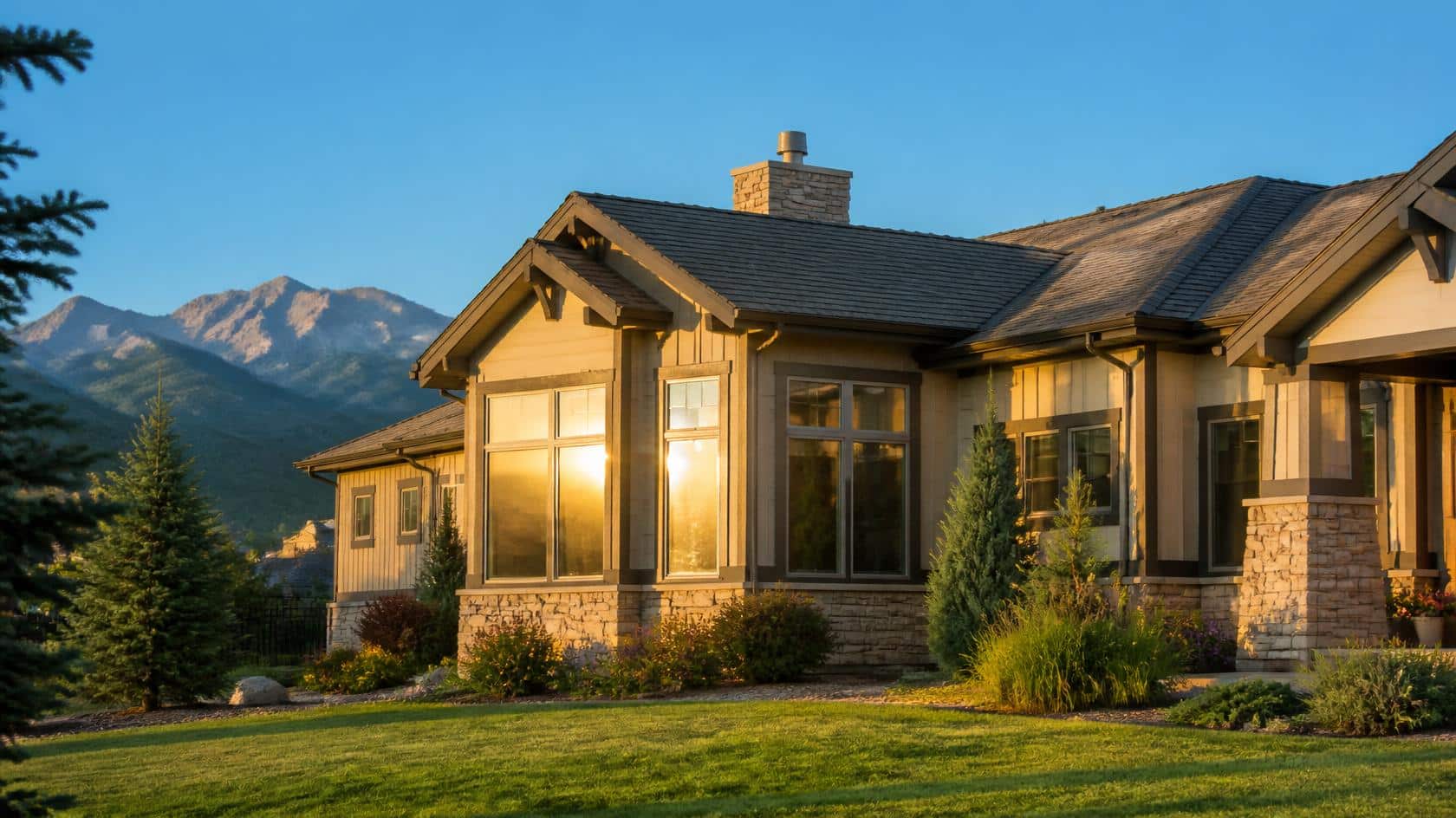 A modern suburban home in Northern Colorado on a bright summer afternoon, Rocky Mountains visible in the background under a clear blue sky.